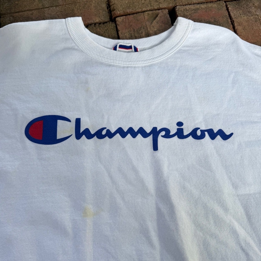 Champion Mens 2XL White Crewneck Sweatshirt Script Logo Fleece Pullover FTX - Picture 3 of 6